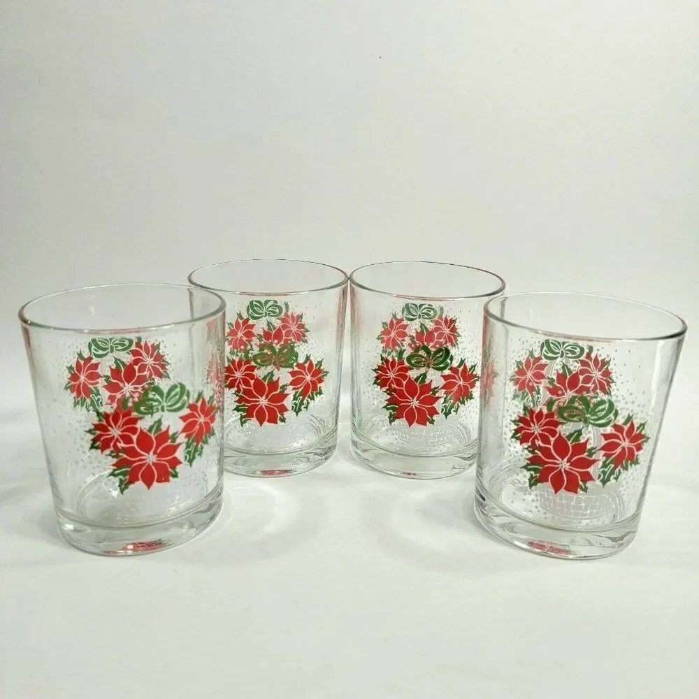 4 - Luminarc Poinsettia Christmas Glasses Holly Snow Flakes White Basket‎